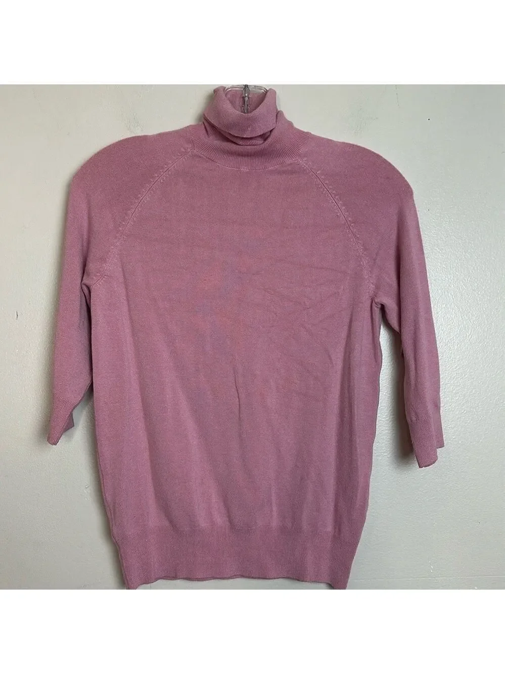 Zara High Collar Turtleneck Fine Ribbed Knit 3/4 Sleeve Sweater in Pink - Picture 9 of 14